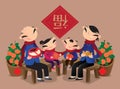 A happy Chinese family gathers to celebrate new year coming and puts on a long wool neckerchief across their necks.