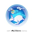 Happy Chinese Mid Autumn Festival in paper cut style. White Moon rabbit. Moon gate. Chuseok. Chinese holiday. Blue.