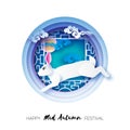 Happy Chinese Mid Autumn Festival in paper cut style. White Moon rabbit. Moon gate. Chuseok. Chinese holiday. Blue.
