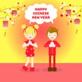 Happy chinese new year, asian culture festival concept with man and woman in red cheongsam and lantern