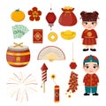 Happy Chinese new year with Asian Kids and Elements Cartoon Character Vector