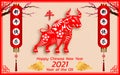 Happy Chinese new year background 2021. Year of the ox, an annual animal zodiac. Gold element with asian style in meaning of luck.