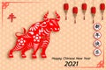 Happy Chinese new year background 2021. Year of the ox, an annual animal zodiac. Gold element with asian style in meaning of luck.