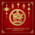 Happy chinese new year 2019 banner card with gold pig zodiac sign and china money coin and lantern on red background Royalty Free Stock Photo
