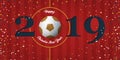 Happy Chinese New Year 2019 banner with soccer ball and paper confetti on soccer field background. Banner template design. Royalty Free Stock Photo