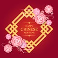 Happy chinese new year banner with text in gold china frame and pink flower Blossom around on red background vector design