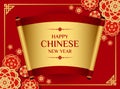 Happy chinese new year banner with traditional scroll of chinese on flower bloosom and red blackground vector design Royalty Free Stock Photo