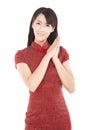 Happy chinese new year.beautiful chinese woman with wish gesture