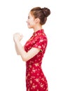 Happy Chinese new year. beautiful young Asian woman with gesture Royalty Free Stock Photo