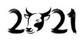 Happy Chinese New Year 2021. Black bull zodiac sign with number in grunge style isolated on white background. Vector illustration