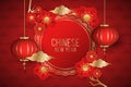 Happy Chinese New Year brochure decorated with blooming red flowers and traditional lantern on a red background. Paper cut style. Royalty Free Stock Photo