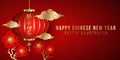 Happy Chinese New Year brochure. Wealthy, elegant design with blooming flowers and hanging lantern on a red background with a