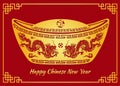 Happy Chinese new year card is Dragon in Gold money and Chinese word mean happiness Royalty Free Stock Photo