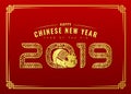 Happy chinese new year card with gold abstract line border 2019 number text of the year and pig on red background vector design Royalty Free Stock Photo