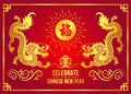 Happy Chinese new year card with Gold china dragon and sun Chinese word mean blessing