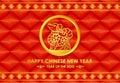 Happy Chinese new year 2018 card with Gold Dog zodiac line in circle on abstract red background vector design