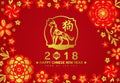 Happy chinese new year card with gold dog zodiac sign Chinese word mean dog and paper cut flowers frame art vector design