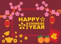Happy Chinese new year card is Gold monkey and orange and lanterns on tree flower branches