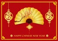 Happy Chinese new year card is Gold oriental folding paper fan and china knot and Chinese word mean Happiness