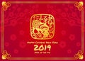 Happy chinese new year 2019 card with Gold pig zodiac sign on red abstract peach blossom background vector design