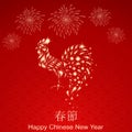 Happy Chinese new year 2017 card with Gold Rooster and fireworks. English translate Spring Festival. Lunar greetings.