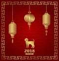 Happy Chinese New Year 2018 Card with Lanterns and Dog, Golden Colors Royalty Free Stock Photo