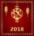 Happy Chinese New Year 2018 Card with Lanterns and Dog Royalty Free Stock Photo