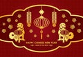 Happy Chinese new year card is lanterns , firecracker , twin Gold dog and Chinese word mean blessing