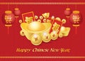 Happy Chinese new year card is lanterns ,Gold coins money ,Reward and chiness word is mean happiness Royalty Free Stock Photo