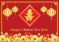 Happy Chinese new year card is lanterns ,Gold coins money ,Reward and chiness word is mean longevity Royalty Free Stock Photo