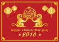 Happy Chinese new year 2016 card is lanterns , 2 Gold monkey holding peach Royalty Free Stock Photo