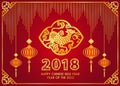 Happy Chinese new year 2018 card is lanterns Hang , paper cut dog in frame vector design Royalty Free Stock Photo