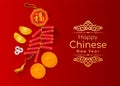 Happy Chinese new year card with the sacred is Gold money , orange fruit and firecracker Chinese word mean blessing on red backg