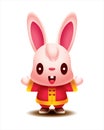 Cartoon cute long ears rabbit wearing traditional chinese costume with greeting hand. Year of the rabbit. Vector bunny character