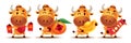 Happy Chinese New Year 2021. Cartoon cute Ox character set holding Red Packet, Tangerine Orange, Gold Ingot and Scroll couplet