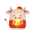 Happy Chinese New Year 2021. Cartoon Little Ox character design with traditional Chinese red costume, holding chinese Royalty Free Stock Photo