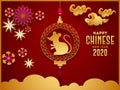 Happy Chinese New Year 2020 celebration greeting card design with holding rat zodiac sign, paper cut flowers. Royalty Free Stock Photo