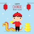 Happy Chinese New Year Children Boy Character Cartoon in Traditional Clothes Celebrate Vector