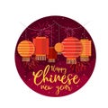 Happy chinese new year with china lantern hanging and firework at night time in circle banner vector design