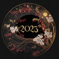 Happy Chinese New Year 2023, circle decorative arrangement, AI generative, with plum flowers. AI generated illustration