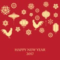 Happy Chinese new year 2017 of color rooster with lantern and flowers