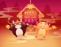 Happy Chinese New Year congratulation card. Oriental bull, ox mascot holds gold ingot and tangerine on mountains Royalty Free Stock Photo