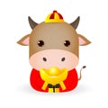 Happy Chinese new year 2021, cute Little cow holding Chinese gold, the year of the ox zodiac, Cartoon vector illustration isolated Royalty Free Stock Photo