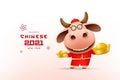 Happy Chinese new year 2021, Cute male cow, red cheongsam dress holding chinese gold, chinese new year character zodiac cartoon