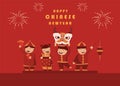 Happy chinese New Year with cute people characters for parade performing traditional dragon and lion dance.Vector illustrations. Royalty Free Stock Photo