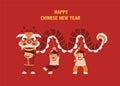 Happy chinese New Year with cute people characters for parade performing traditional dragon and lion dance .Vector illustrations. Royalty Free Stock Photo