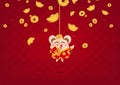 Happy Chinese New Year, Cute rat hanging and pulling on rope, gold and money coins falling greeting card invitation background Royalty Free Stock Photo