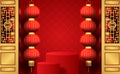 Happy chinese new year with 3d hanging traditional lantern with red background with podium stage product display Royalty Free Stock Photo