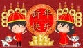 2018 Happy Chinese New Year design, Cute Boy and Girl happy smile in Chinese words on red Chinese pattern background