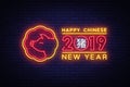 Happy Chinese New Year 2019 design template vector. Chinese New Year of Pig greeting card, Light banner, neon style Royalty Free Stock Photo